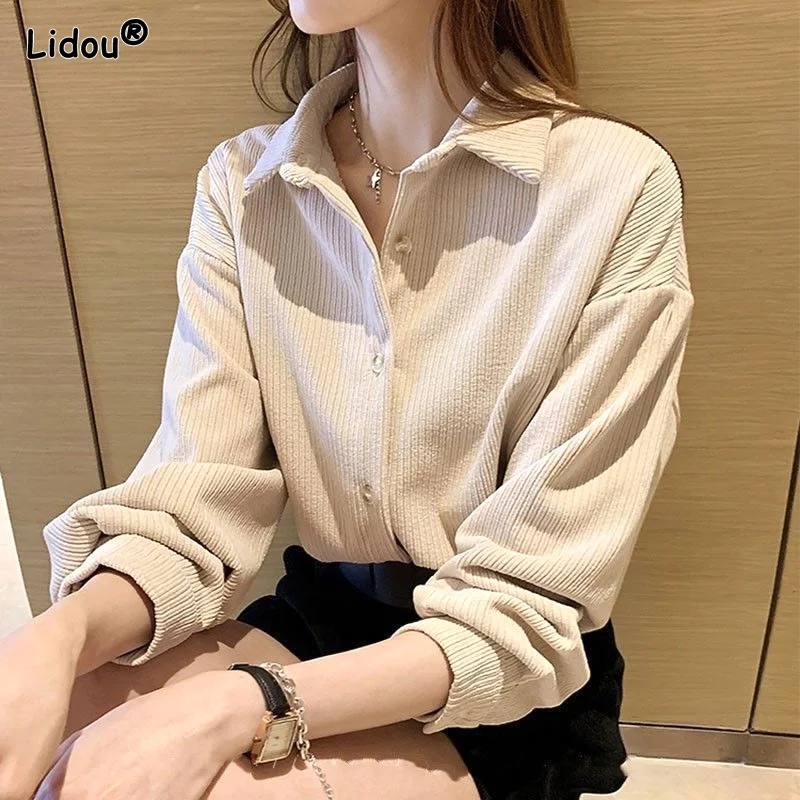 Autumn Winter Thin Corduroy Solid Loose Straight Button Turn-down Collar Casual Blouses Drop Sleeves Women's Clothing Dignified