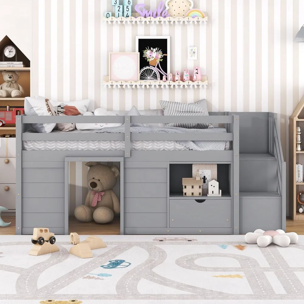 Children Beds, Twin Size Low Loft Bed for Kids, Wood Loft, Bed Is Made of Solid Pine, Particle Board, Plywood Side Rails 3