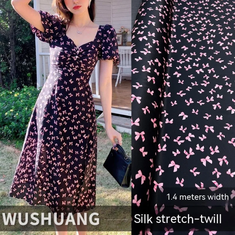 

Silk Stretch Twill Fabric Black Background Print Spring Autumn Shirt Bow Pattern Dress Fashion Cloth Wholesale by the Meter