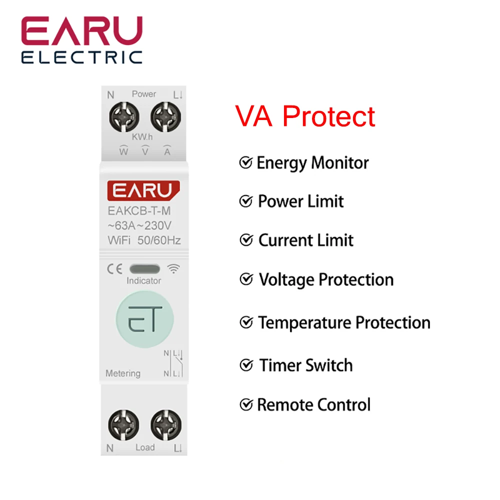 Tuya Wifi Slimme Stroomonderbreker Mcb 1P + N 63a Timer Energie Kwh Spanningsstroom Meter Beschermer Stem Afstandsbediening Schakelaar