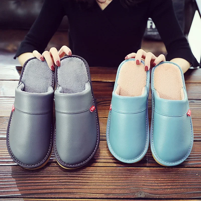 Cotton Slippers Women  Big Sizes PU Leather Home Men Indoor House for Men's Slippers Women Man Slipper Luxury Warmer Flat Shoes