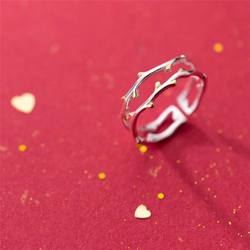 Silver Ring Sole Memory Creative Double Tree Branch Fresh Cute Sweet Art Silver Color Female Resizable Opening Rings SRI344