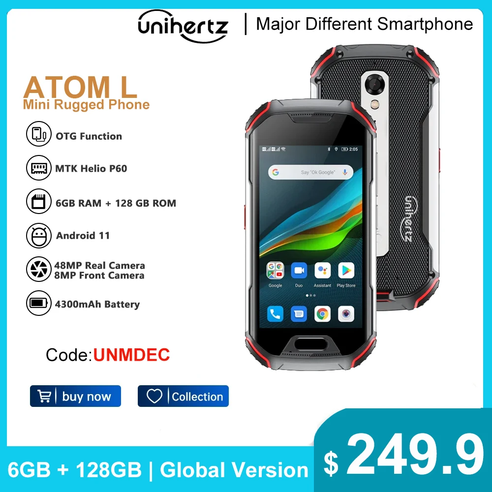 Unihertz-Atom L 견고한 방수 잠금 해제 6GB 128GB 스마트폰 안드로이드 11 핸드폰, 8MP 48MP 듀얼 Sim NFC 휴대폰