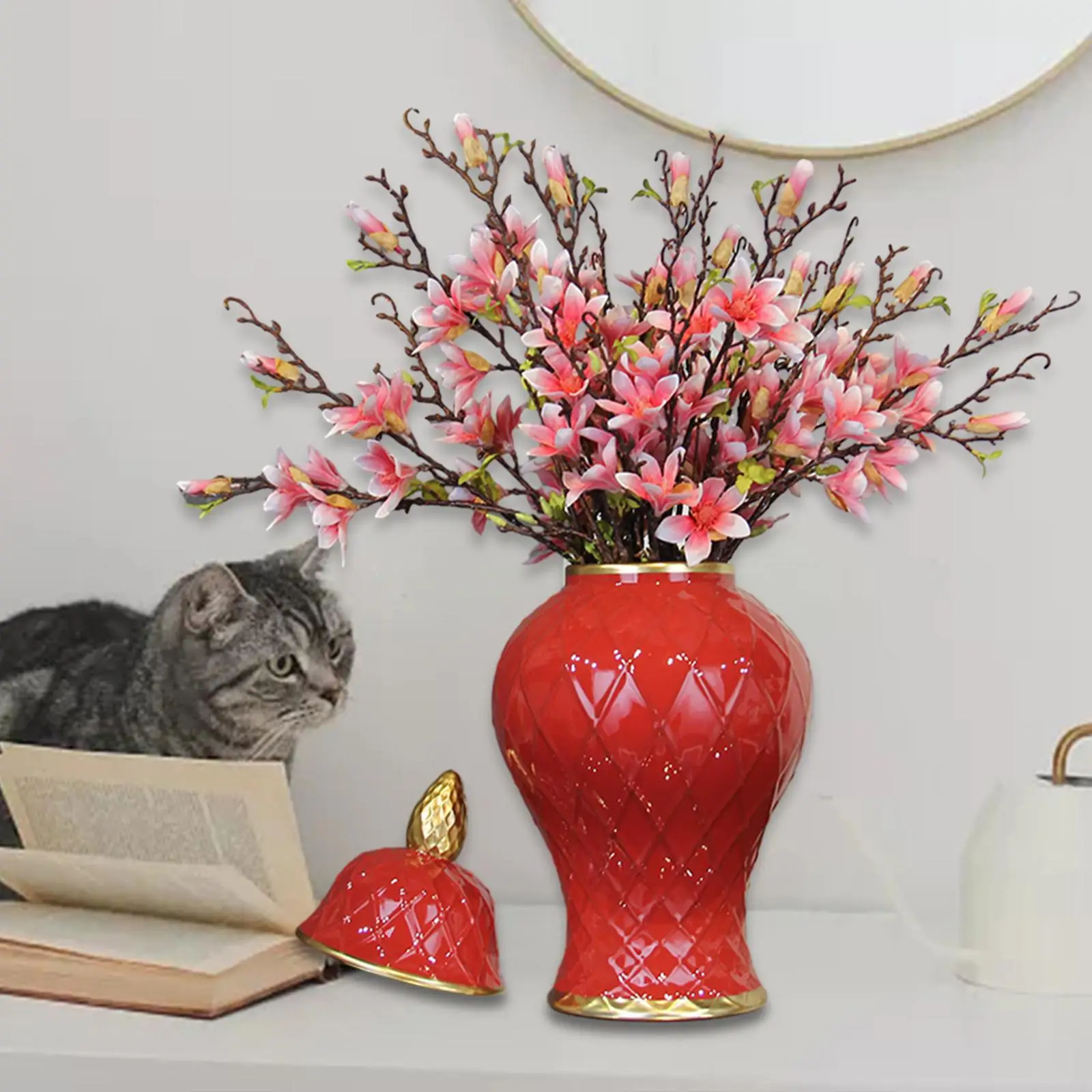 

Ceramic Flower Vase Porcelain Ginger Jar Plants Holder Tea Storage Jar Temple Jar Vase with Lid for Home Party Livingroom