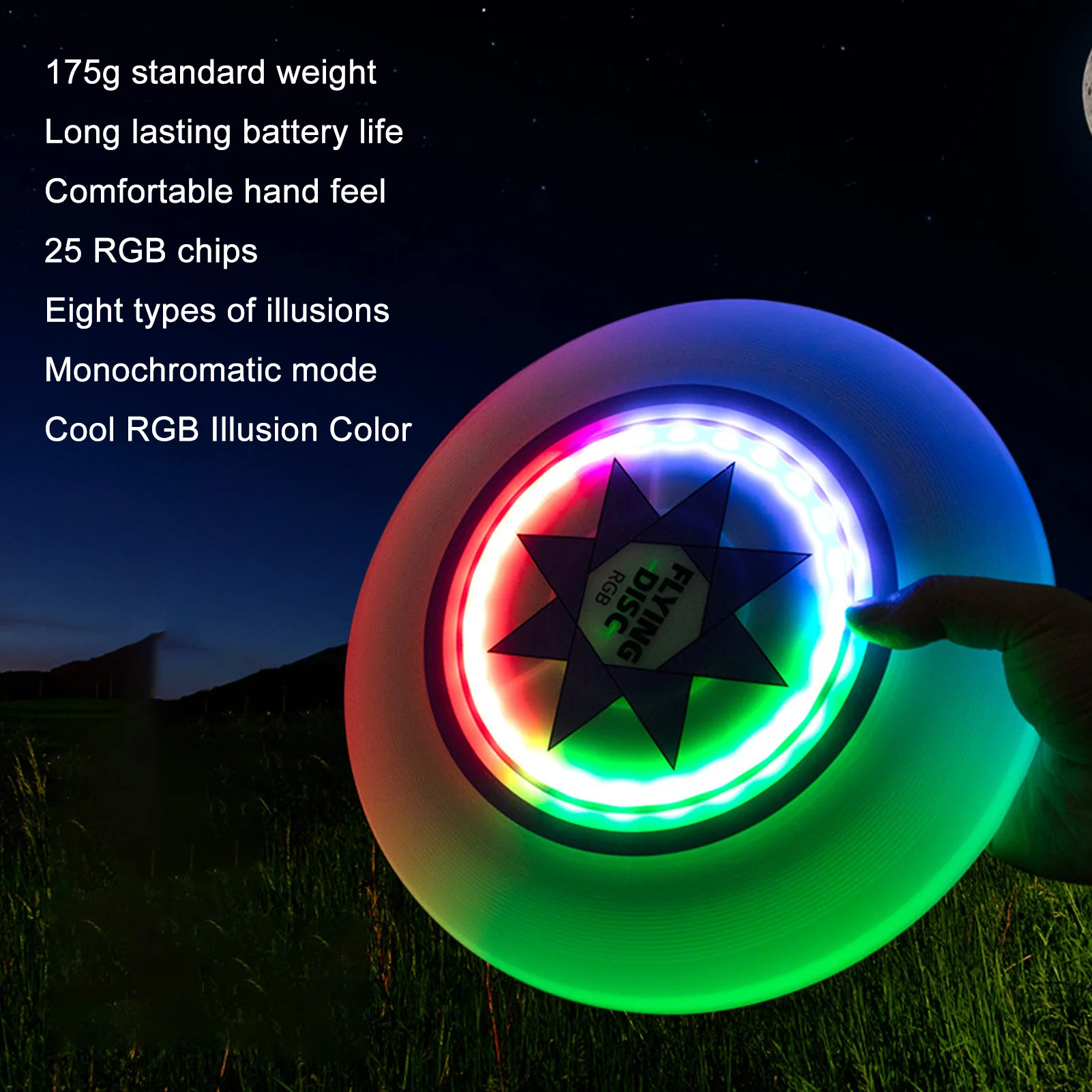 Flying Disc RGB LED Stepless Dimmable Timing 8 Dazzling Color Single Color Modes for Outdoor Playing