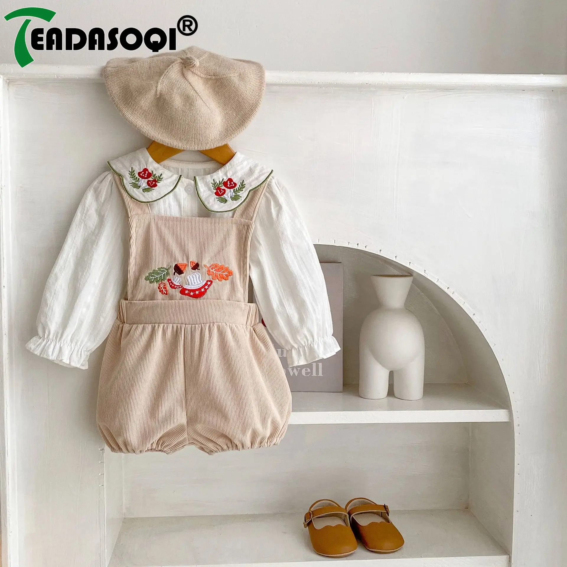 

Autumn Spring Clothing Set 2pcs Peter Pan Collar Top Shirts Strap Overalls Bodysuits for Baby Girls, featuring Embroidery 0-3Y