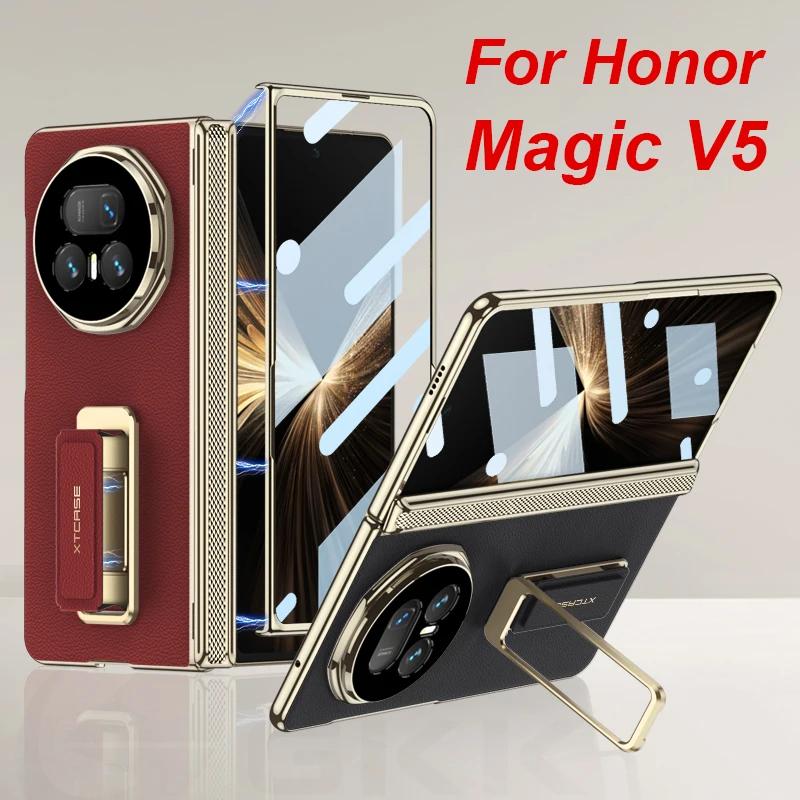 Magnetic Hinge Plating Case For Honor Magic V5 Leather Fold Stand Wristband Scre