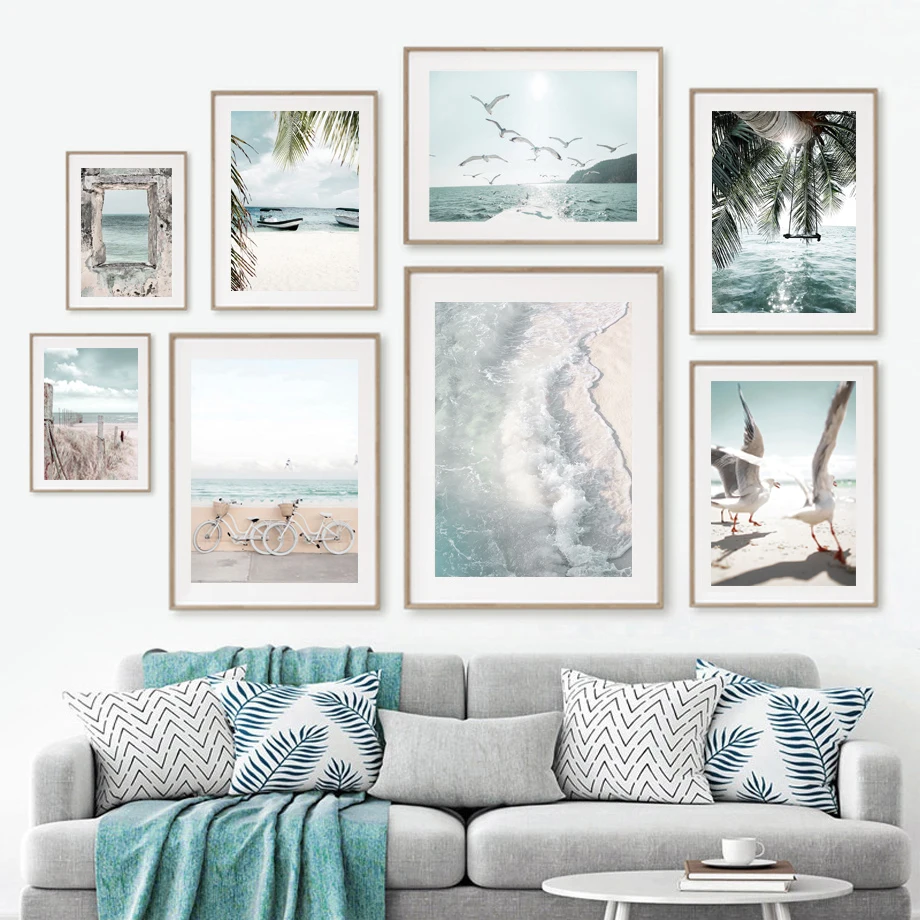 Ocean Beach Waves Palm Tree Bike Landscape Wall Art Canvas Painting Nordic Natural Posters Prints Pictures For Living Room Decor |