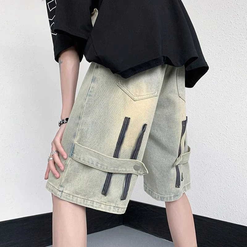 American Retro Denim Pants Men Summer High Waist Straight Leg Cargo Shorts High Street Fashion Casual Basics Streetwear Male
