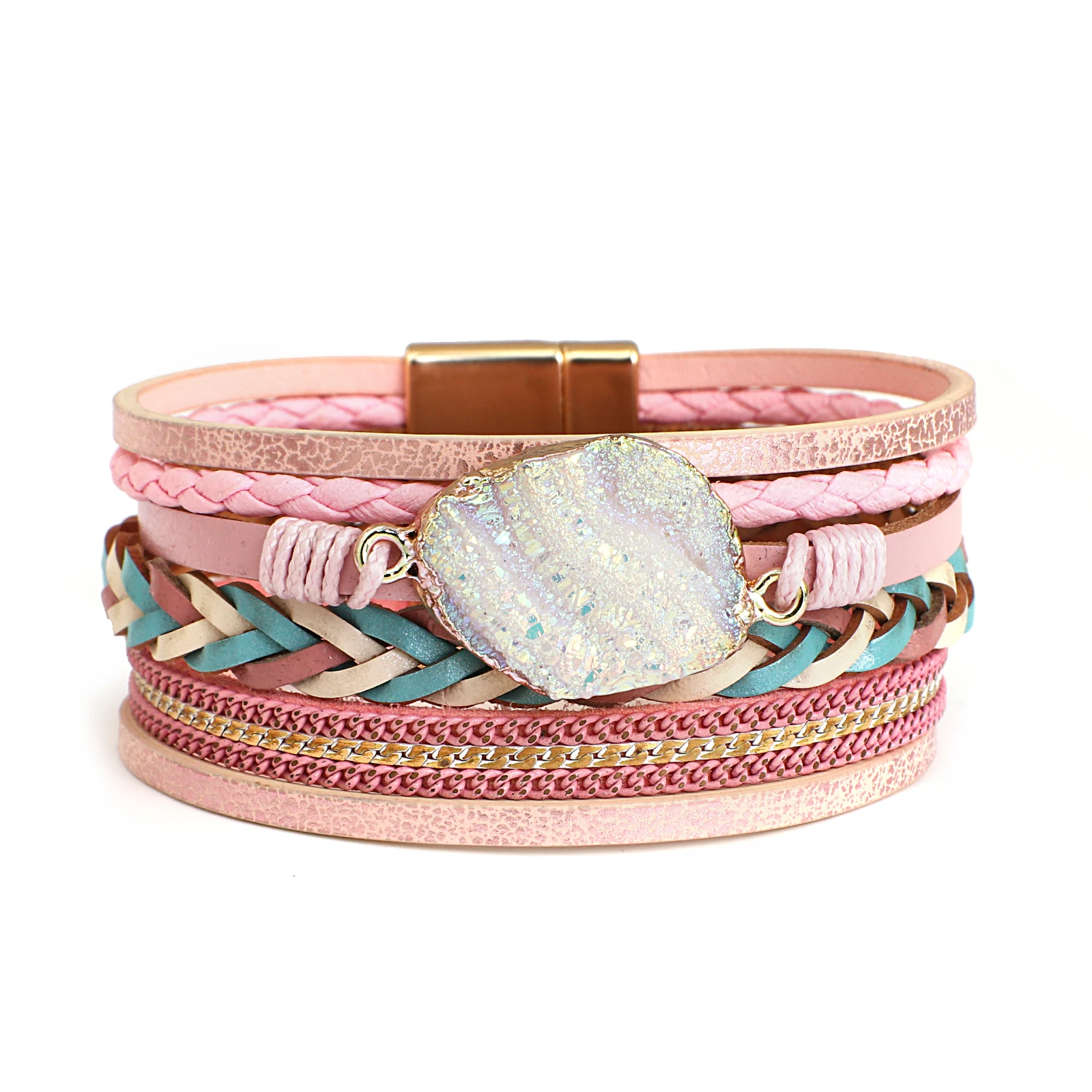 Bracciale avvolgente in pelle con perline di cristallo, gioiello
