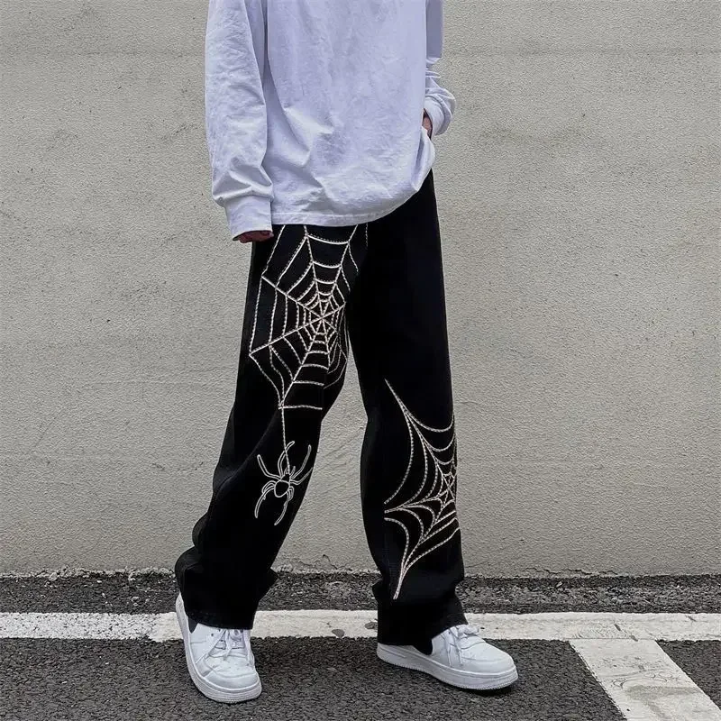 

American style retro straight loose pants for men and women Spring and Autumn spider web printed loose casual pants streetwear