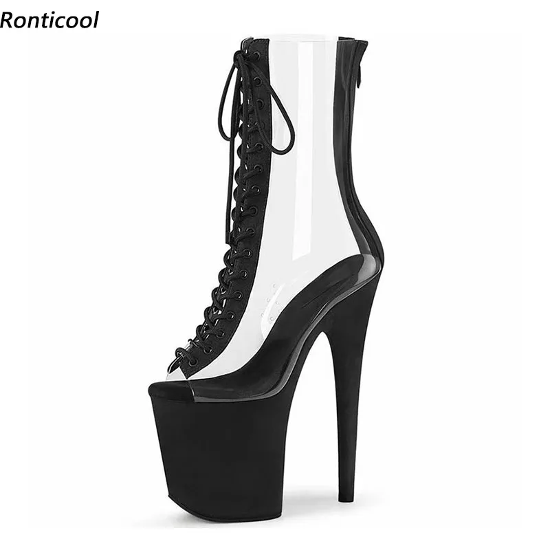 

Ronticool Women Summer Platform Transparent Mid Calf Boots Sexy Stiletto Heels Peep Toe Black Club Shoes Ladies US Size 6-12