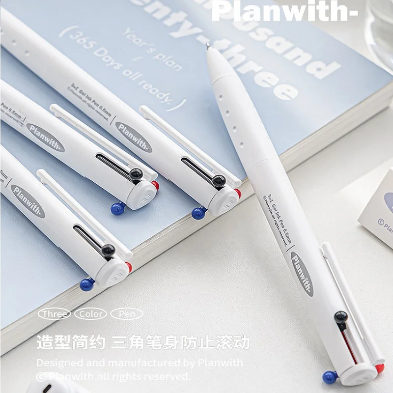 Planwith 3 in 1 Mulrti-Function Gel Pen 0.5mm Black/Blue/Red Ink Refills Press Type Ballpoint canetas School Office Stationery 5