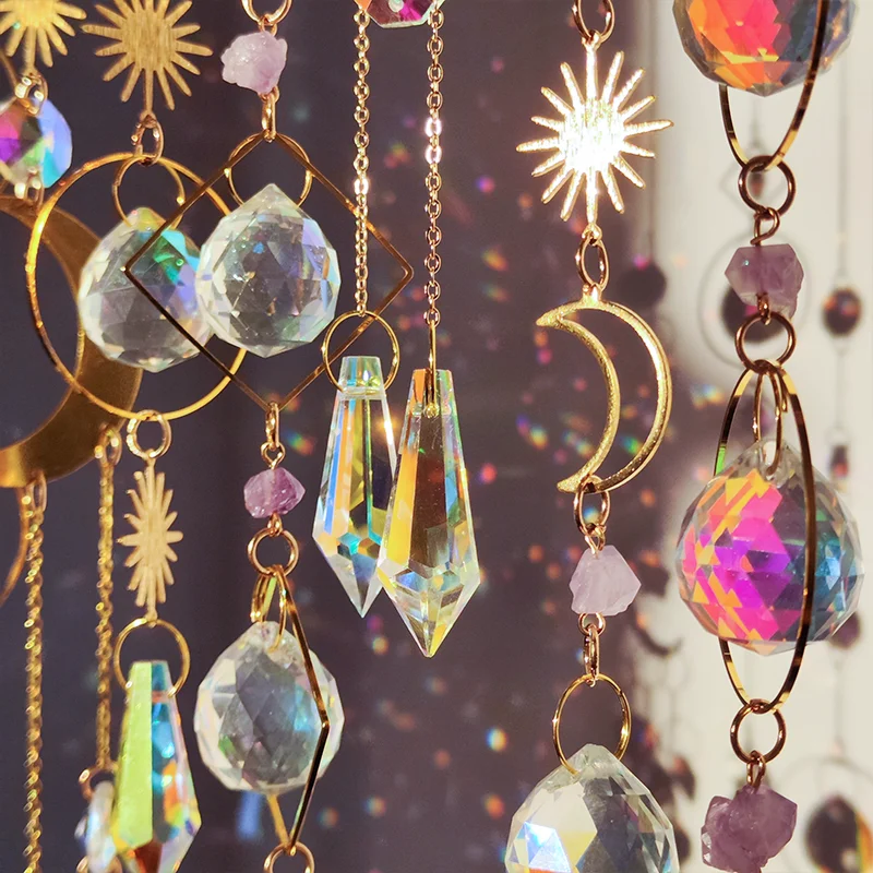 Golden Hanging Crystal Pendant Garden Suncatcher Rainbow Prism Wind Chimes Crystal Chain for Window Christmas Tree Home Decor