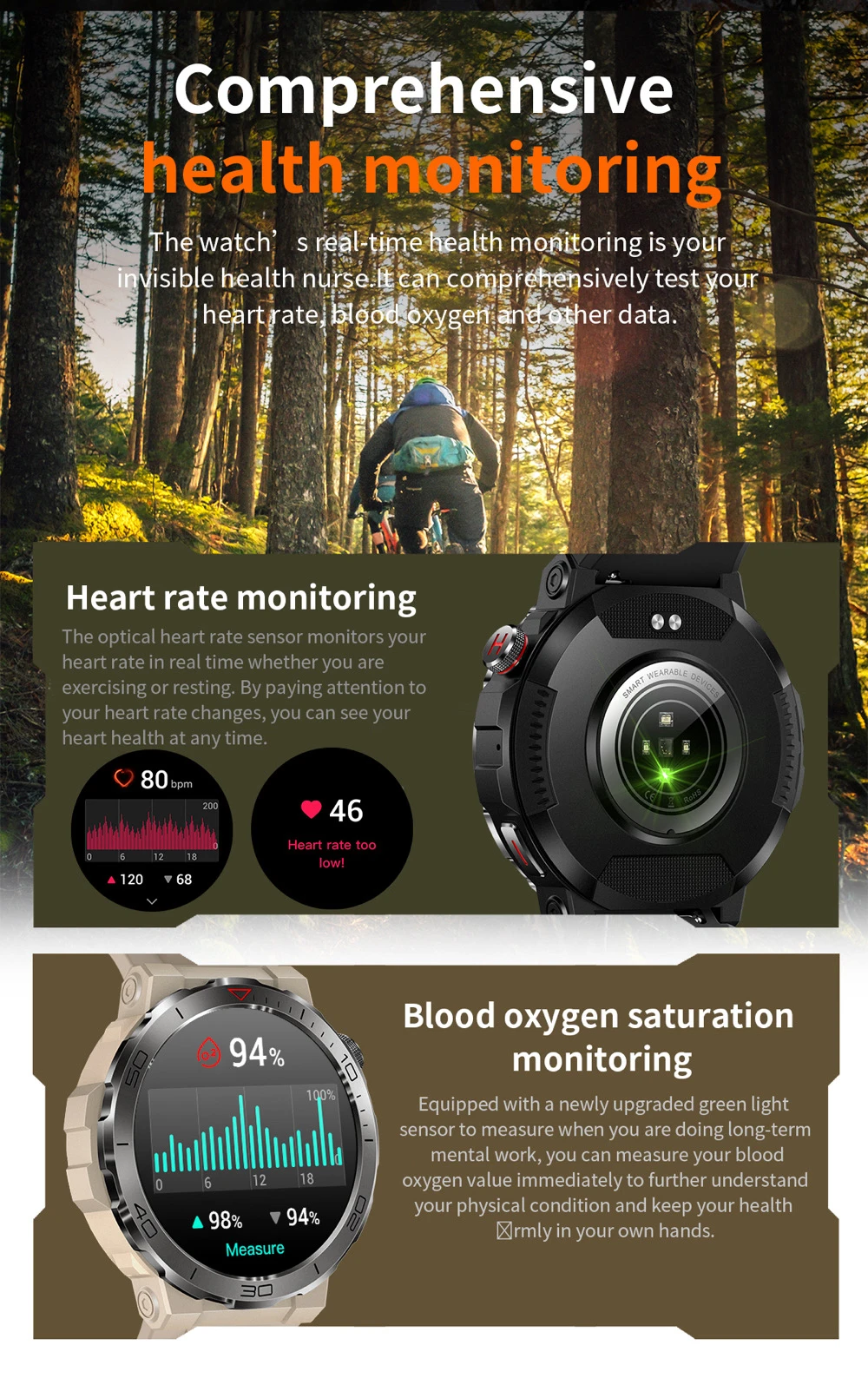 Reloj inteligente deportivo con GPS y pantalla AMOLED, pulsera con brújula, IP68, resistente al agua, Bluetooth, llamadas, monitorización de la salud, para hombre, para actividades al aire libre_voghion.com