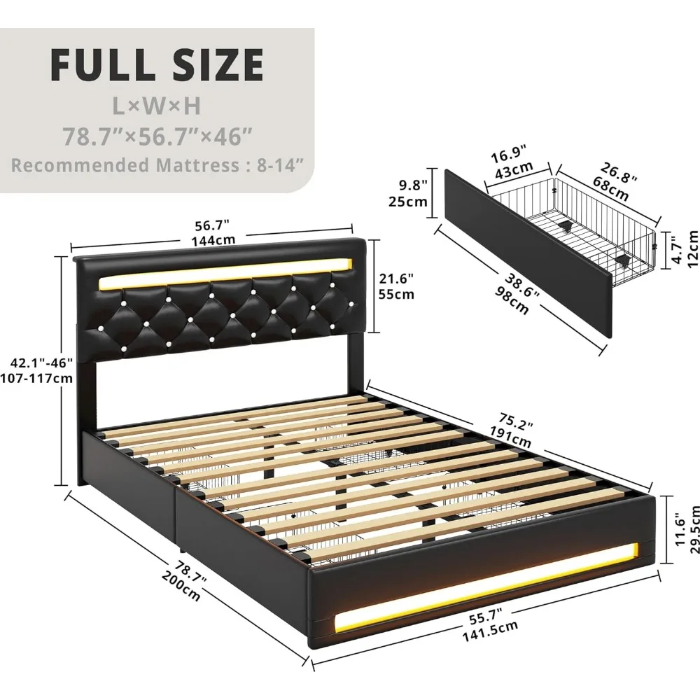 Bed Frame Full Size Bed Frame with LED Light, PU Leather Platform Bed Frame with 4 Drawers, Adjustable Crystal Button Tufted Headboard