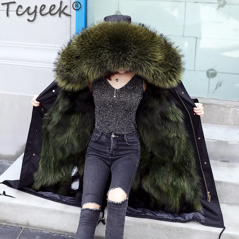 

Tcyeek Winter Parka Women Warm Fox Fur Liner Jacket 2023 Fashion Womens Real Fur Coats Female Clothing Raccoon Dog Fur Collar