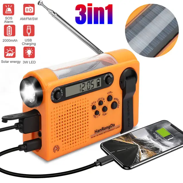 Portable Solar Hand Crank Radio 3 In 1 2000mAh Power Bank Phone Charger Flashlight Emergency Radio AM/FM/SW Weather Radios