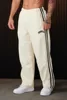 Men's sports pants with double striped patchwork printed casual runner mid waist straight leg pants 5