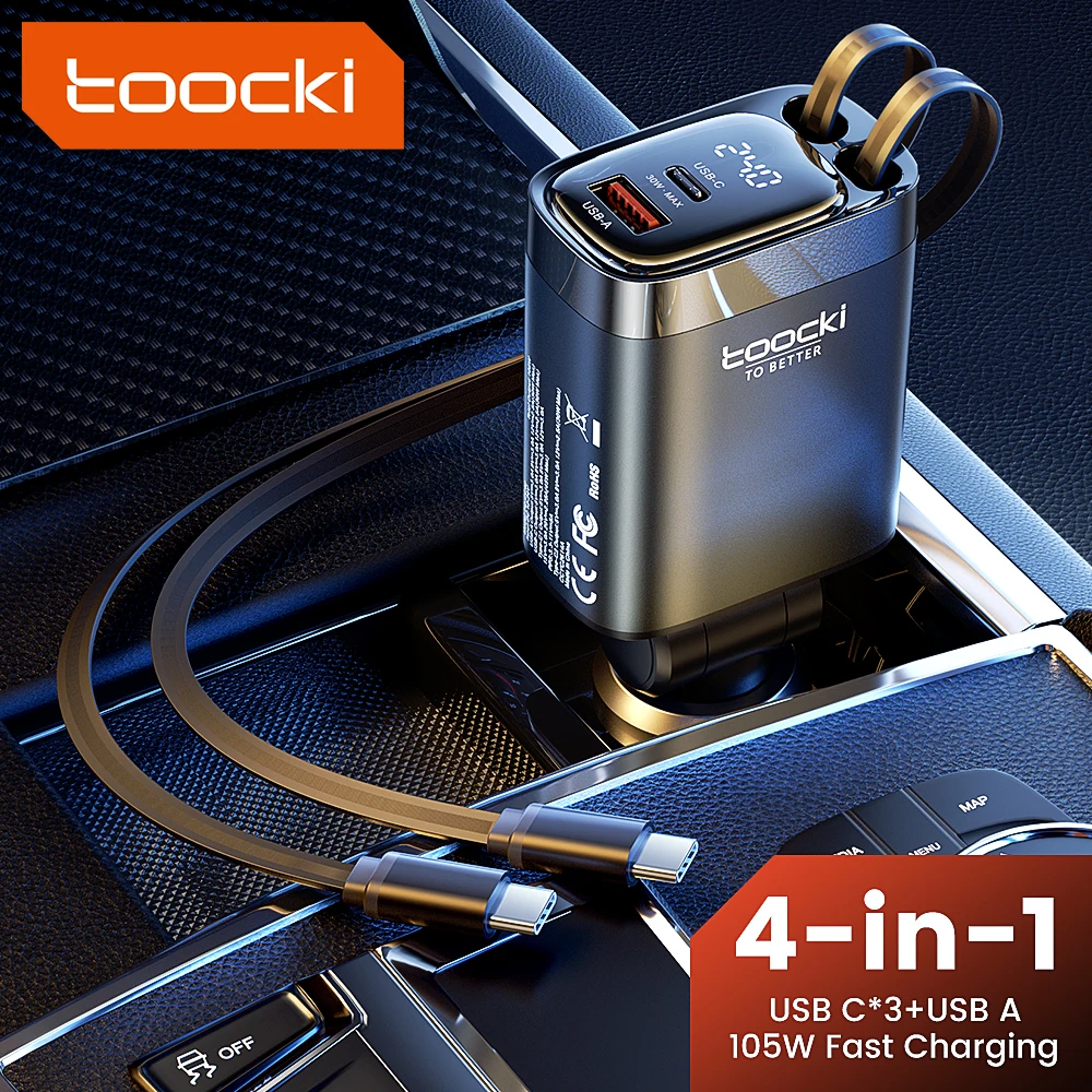 Toocki 4-in-1 Retractable 105W Fast Car Charger with Dual USB-C Ports and Digital Display