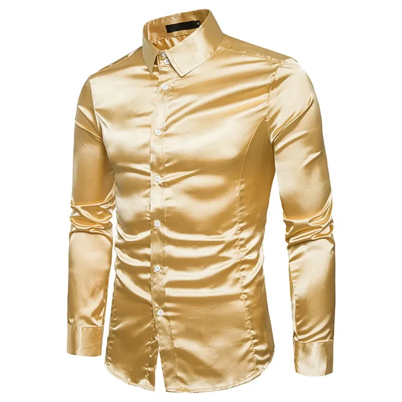 

Men Shirt Silk Satin Smooth Men Solid Tuxedo Business Shirt Men Casual Slim Fit Shiny Gold Wedding Dress Shirts