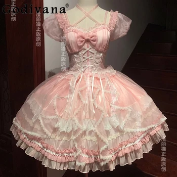 Japanese Girl Sweet Cute Lolita Princess Dress Women's High Waist Slim Party Dress Lady Summer Elegant Bow Lace Mesh Pink Dress 1