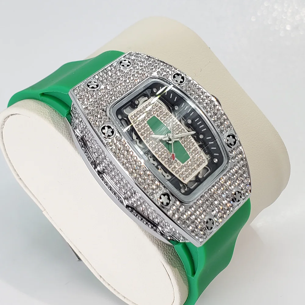 Luxury Diamond Watch For Women Elegant Tonneau Original Design Watches Fashion Ice Out Sport Rubber Strap Waterproof Mille Clock 3