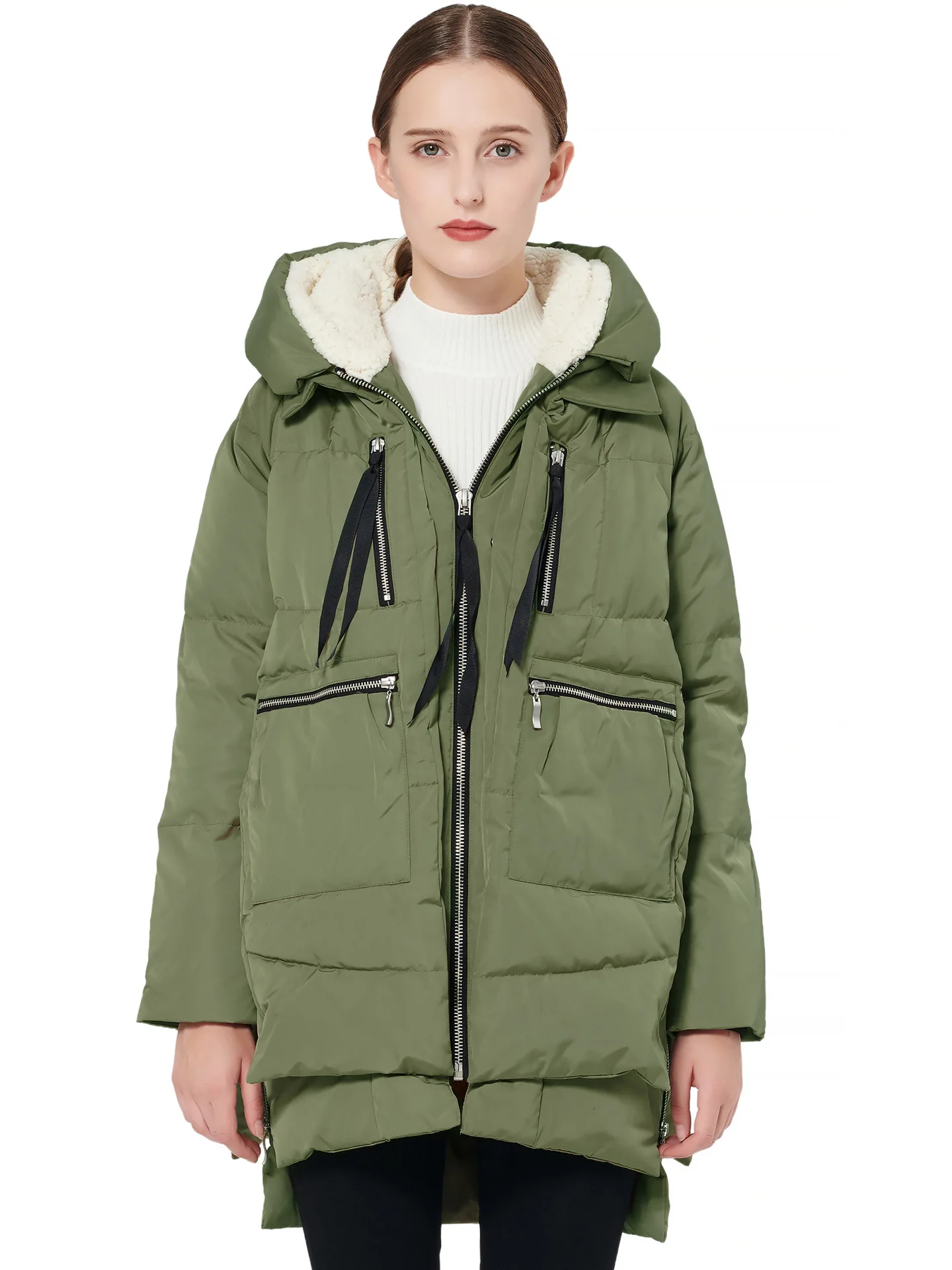 Black Winter Coat For Women Stylish Zipper Thicken Hooded Medium Long