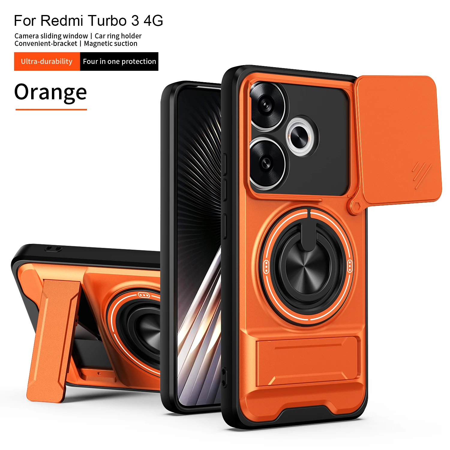 Armor Shockproof Phone Case with Sliding Camera Cap and Built-in Magnet Ring Kickstand