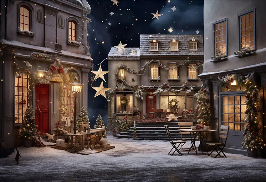Mehofond-natal City Street Backdrop Neve do Inverno Golden Star Lights Retrato da Casa ao ar Livre Foto de Fundo para Crianças - Image 2