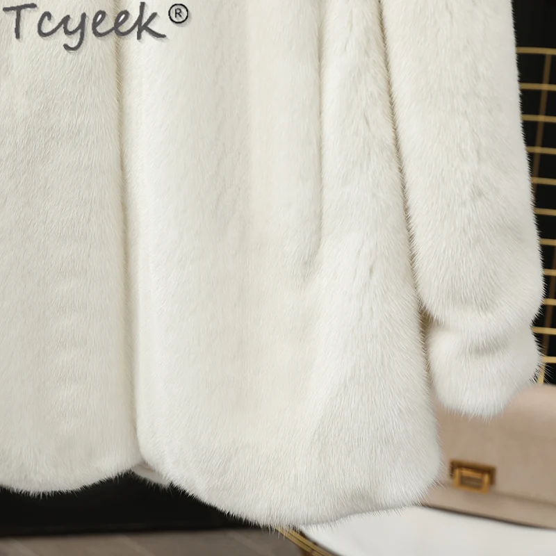 Tcyek 여성용 천연 밍크 모피 코트, 짧은 스탠드 칼라 코트, 겨울 재킷, 여성 의류