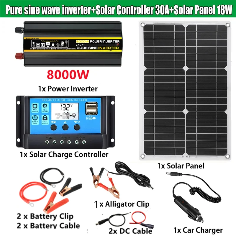 

Solar Panel System 18V18W Solar Panel 30A Charge Controller 4000W/6000W/8000W Car Solar Inverter Kit Complete Power Generation