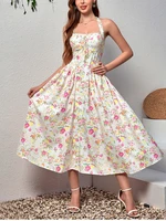NewAsia Women's Halter Backless Print Floral Midi Corset Dress Spaghetti Straps Tie Up Fashion Casual Holiday Long Dresses Pink - Image 6