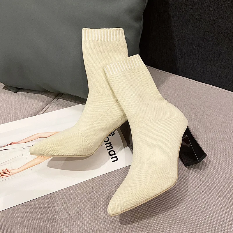 2025 New Women's Pointed Fashion Slim Socks and Boots Casual Fashion Thick High Heel Socks and Boots