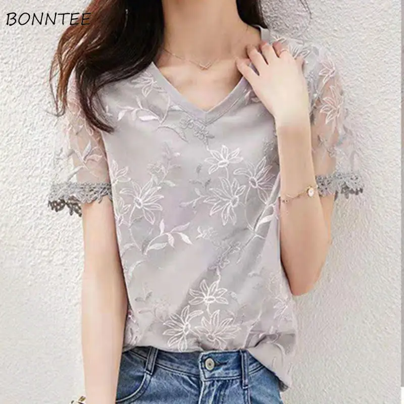 

Blouses Women Elegant Embroidery Summer Daily Breathable Korean Style Leisure Fashion All-match Comfortable Office Lady Popular