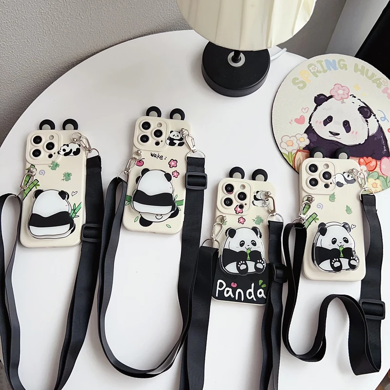 Universal Phone Case with Holder Rope and Ear Panda Design