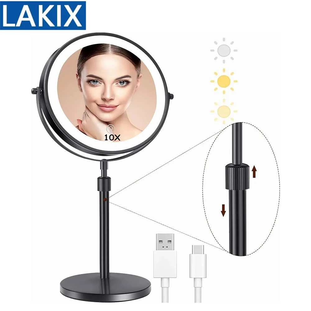 LED Vanity Mirror 3 Colors LED With Adjustable Height Standing 8 Inch 10X Magnification Double-Sided Makeup Mirror led vanity mirror