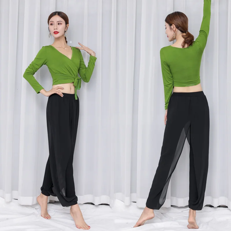 

#9846 China Style Woman Dance Clothes Sexy Full Sleeve V-neck Short T Shirts Women High Waist Elastic Long Trousers Female Mesh