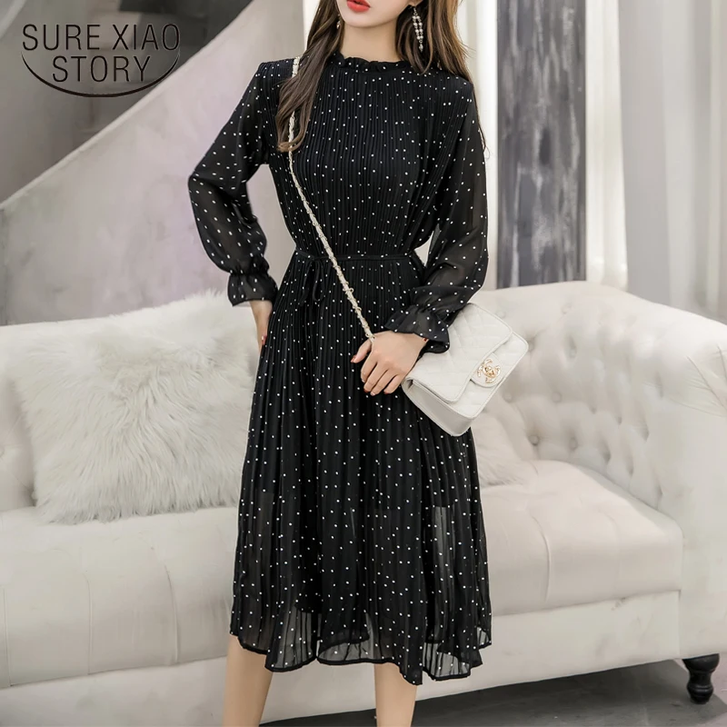 Black Vintage ClotheS Spring Lady Long Chiffon Dress 2022 New Korean Fashion Women Long Sleeved Polka Dot Pleated Dress  3670 50