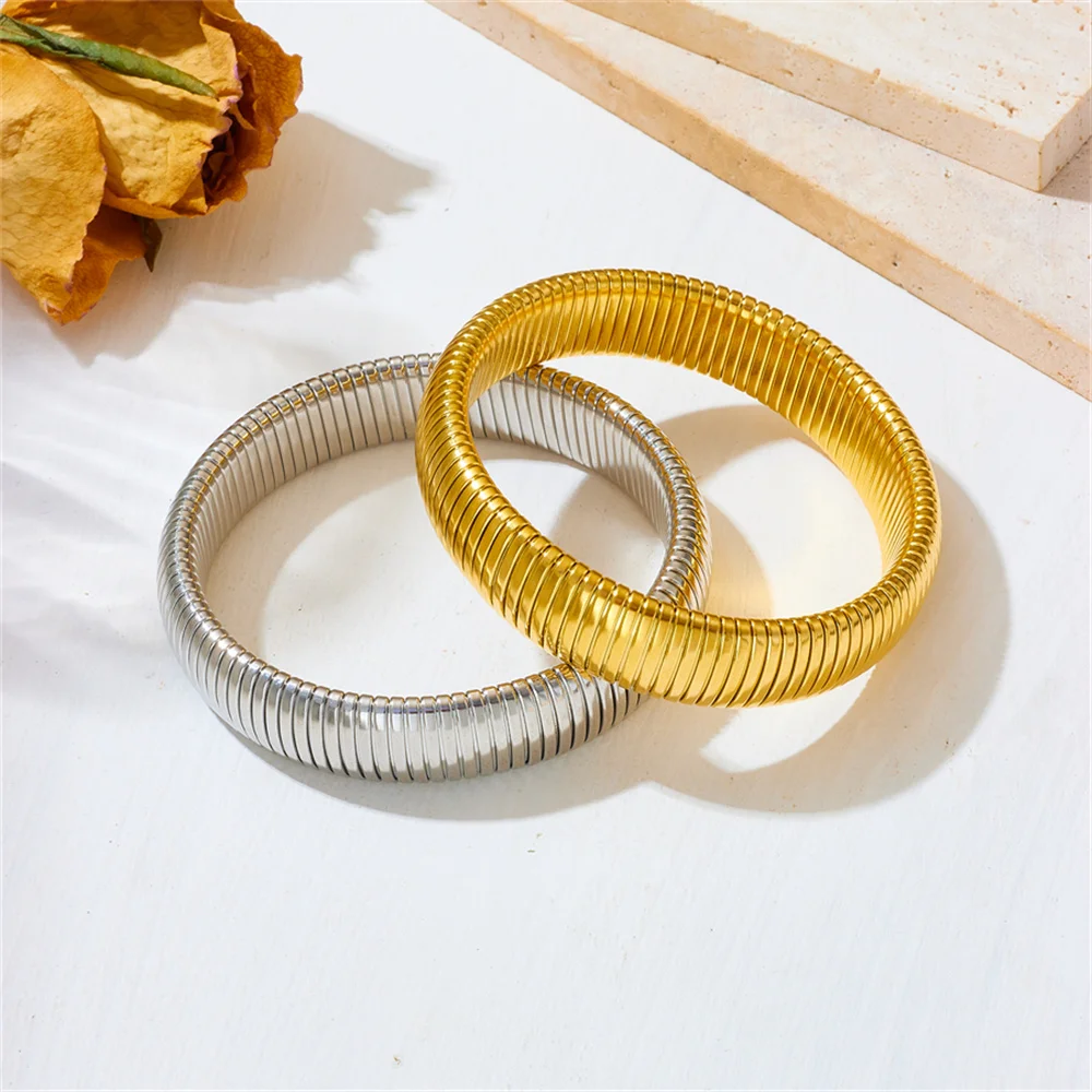 18K PVD Gold Plated Spring Antique Original Design Wide and Narrow Style Elastic  stainless Steel Bracelet Jewelry for women 3