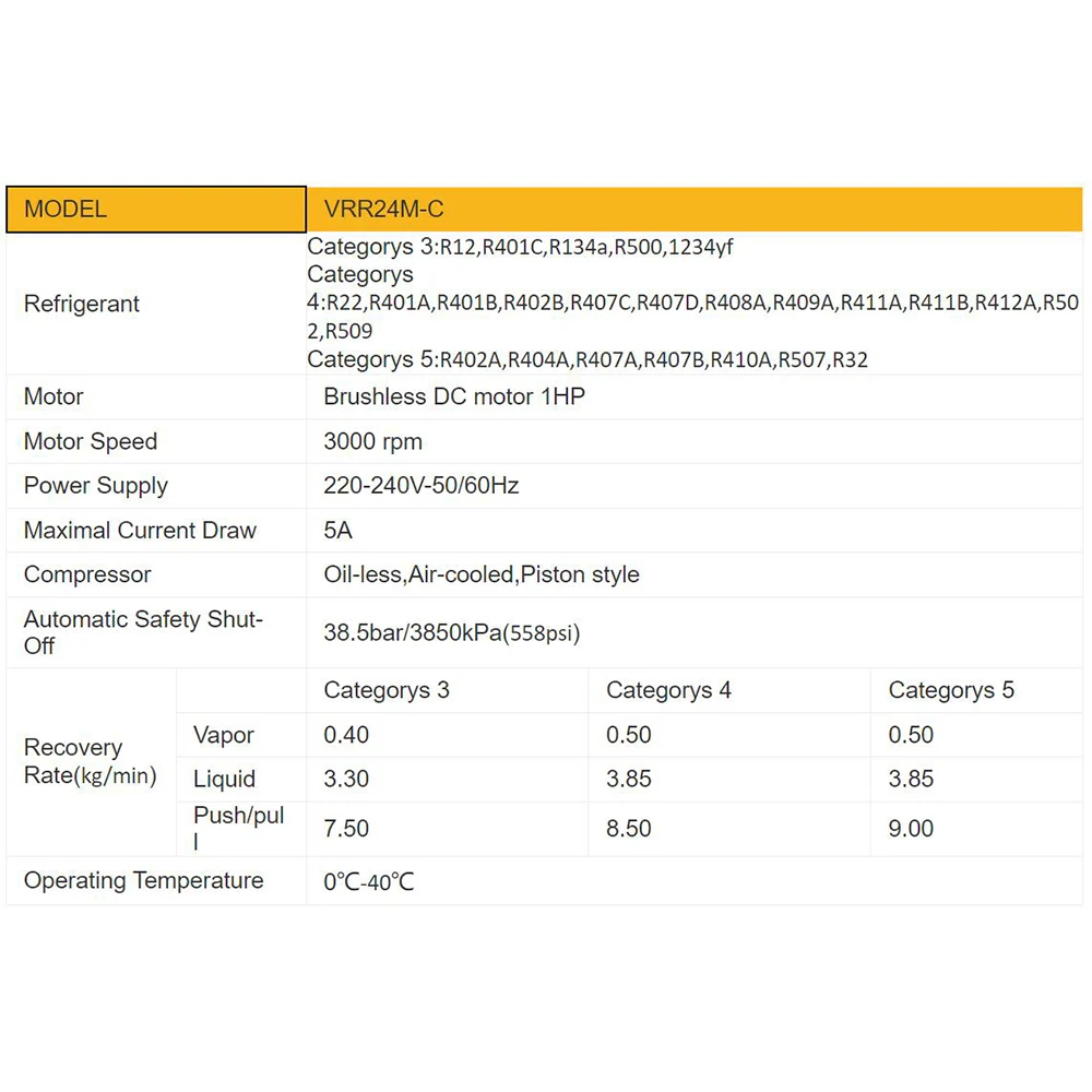VALUE VRR24M-C 냉매 회수 기계, 디지털 냉매 가스 회수, 1234yf,R32,R22,R402A,R404A,R407A,R407B,R410A