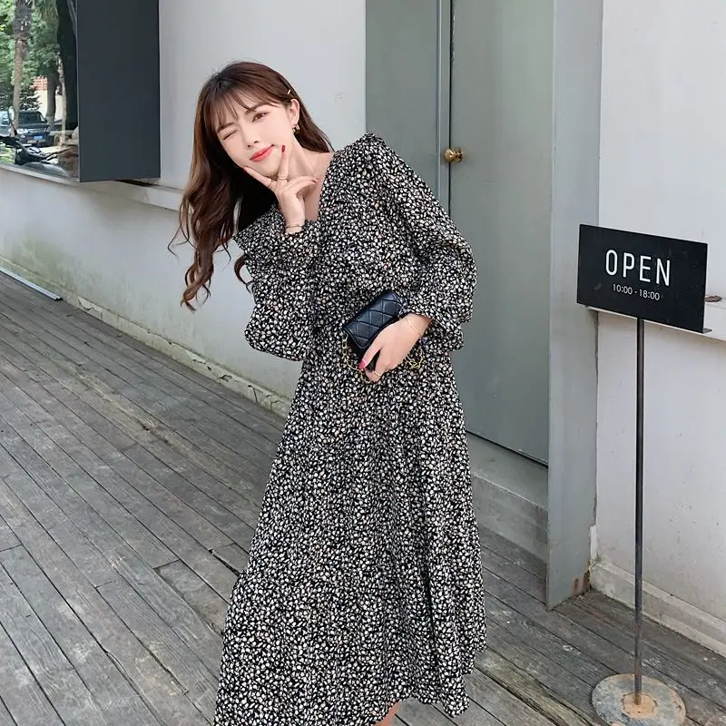 

COIGARSAM Dresses Women Spring 2022 Chiffon Floral Print Long Sleeve V-Neck Black Apricot Dress Dropshipping