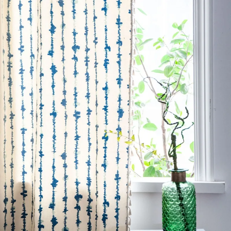 Curtain Blue Vertical Stripes Geometric Printing Kitchen Curtains Finished Drifters Semi Shading