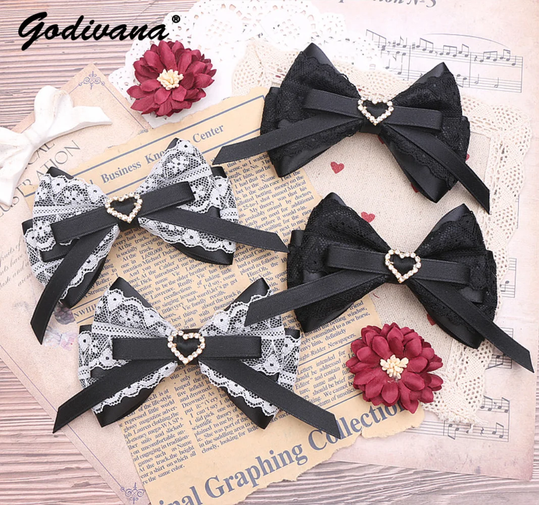 Lolita Style Sweet Cute Barrettes Hairclip Bow Lace Love Heart Rhinestone Buckle Hairwear Hairbows For Girls Tiaras Accessories