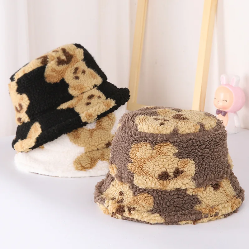 Lns Korean Version Baby Winter Warm Teddy Bear Cartoon Lamb Wool Basin Hat Fashion Boys And Girls Thick Bucket Fisherman Hat
