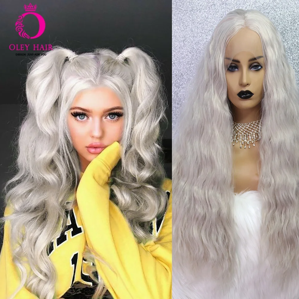 

Light Sliver Synthetic 13x4 Lace Front Wig Heat Resistant Deep Wave Daily Party Glueless Cosplay Wigs Pre Plucked For Women