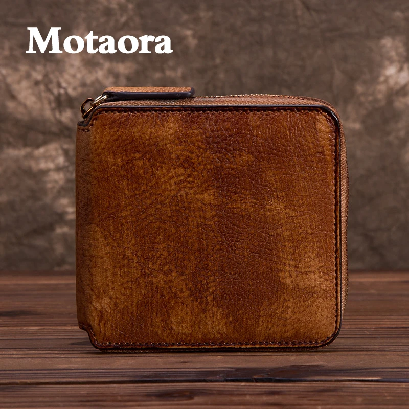 MOTAORA Men's And Women's Wallets Leather Short Zipper Wallet 5 Color Coin Purse Vintage Cash Bag Cowhide Solid Money Bags