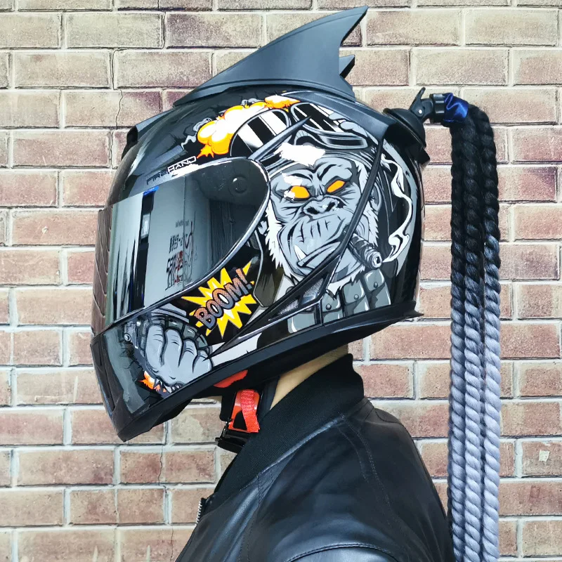 

Motorcycle Helmet Braid Men's and Women's Full Helmet Double Lens Personality Hard Hat Horn Dirty Braid