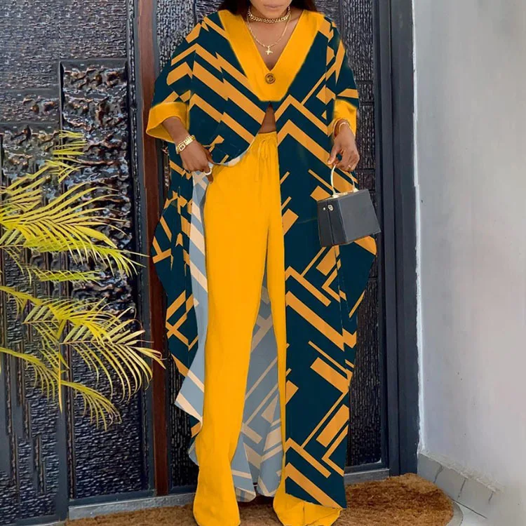 Women's Casual Suit Summer New Fashion Loose V-neck Button Print Seven-point Sleeve Long Shirt and Drawstring Pants