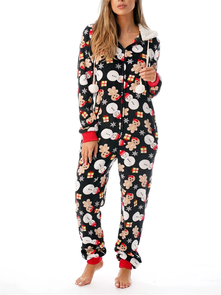Christmas Jumpsuit Pajamas Women Plaid Print Warm Long Sleeve Sleepwear Xmas Cute Zipper Up Hooded Overall Rompers